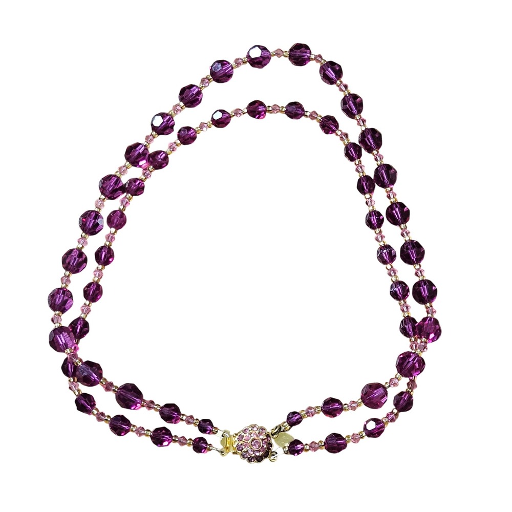 Lorren Bell Purple Beaded Crystal Double Strand Necklace Rhinestone Flower Clasp